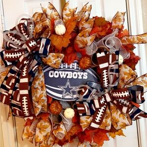 Cowboys Themed Holiday Wreath with Orange and Blue Accents